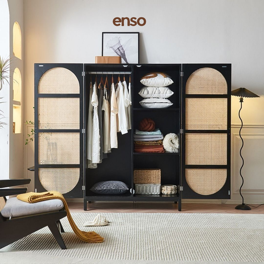 EMIKO Rattan Solid Wood Wardrobe