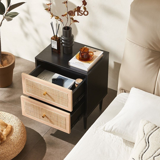 KURA Rattan Solid Wood Bedside Table