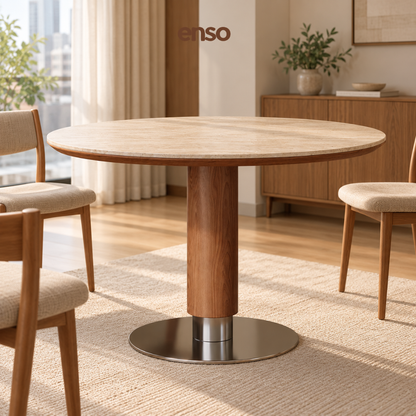 Borge Travertine Solid Wood Round Dining Table