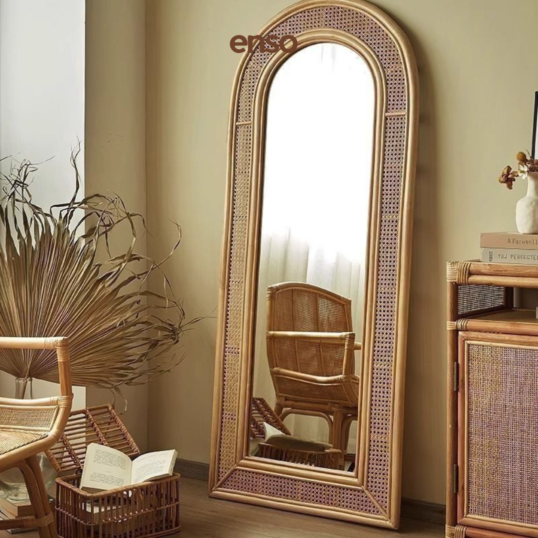 KAMI Rattan Solid Wood Arched Mirror