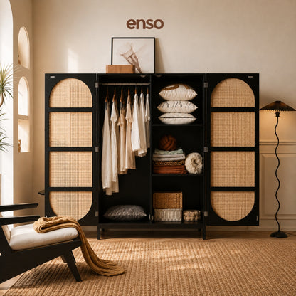 EMIKO Rattan Solid Wood Wardrobe