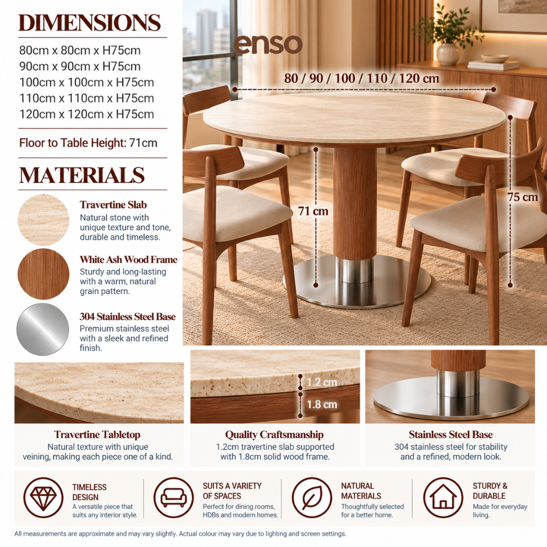 Borge Travertine Solid Wood Round Dining Table