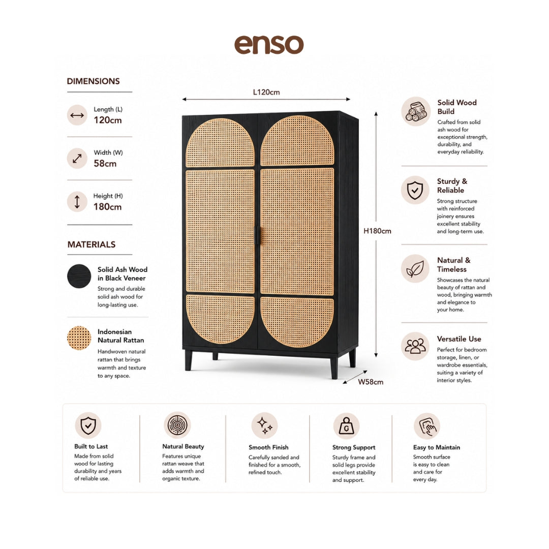 EMIKO Rattan Solid Wood Wardrobe