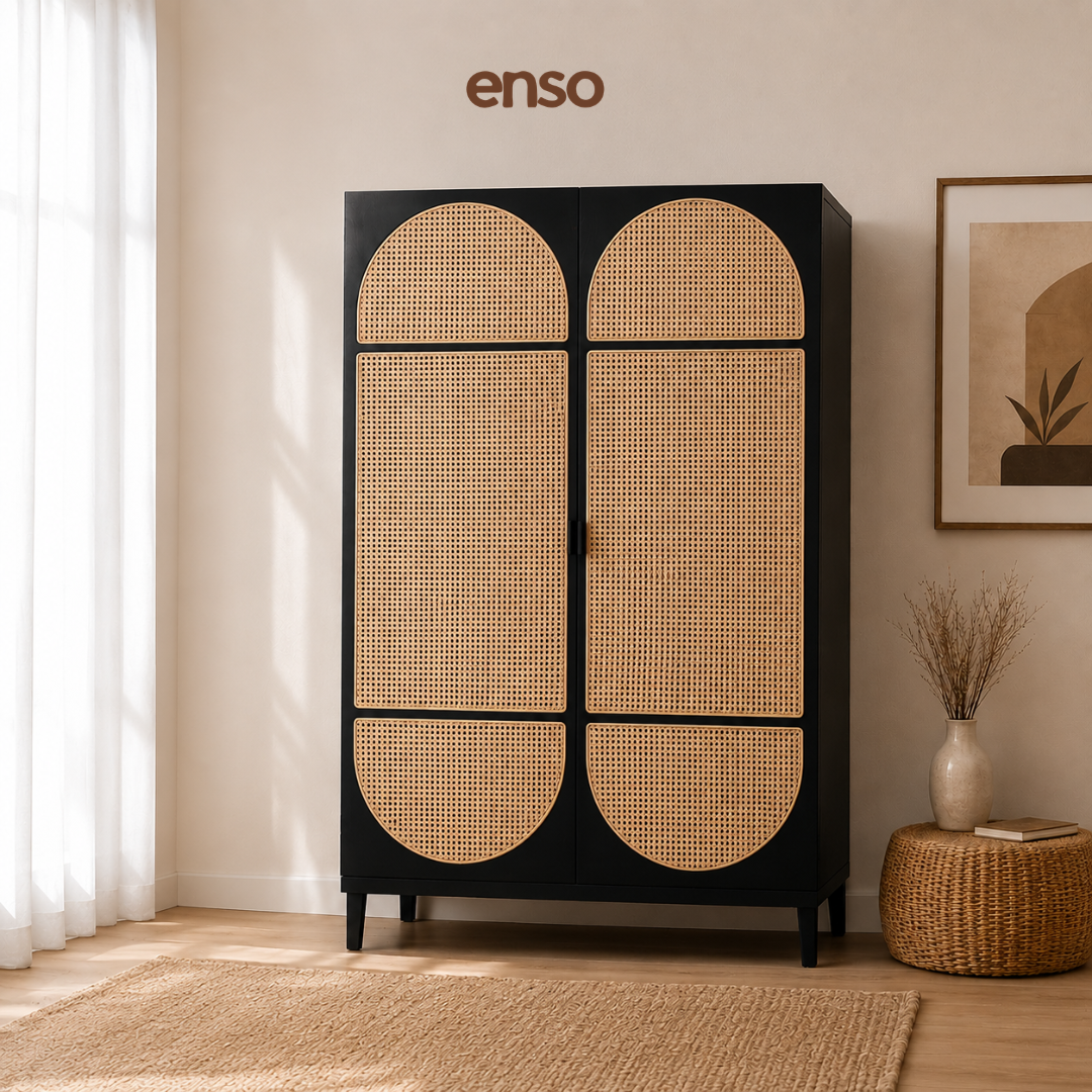 EMIKO Rattan Solid Wood Wardrobe