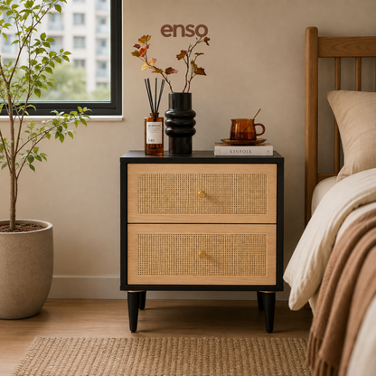 KURA Rattan Solid Wood Bedside Table