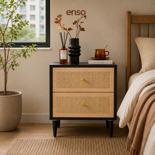KURA Rattan Solid Wood Bedside Table