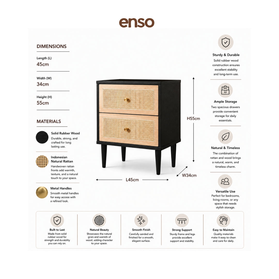 KURA Rattan Solid Wood Bedside Table