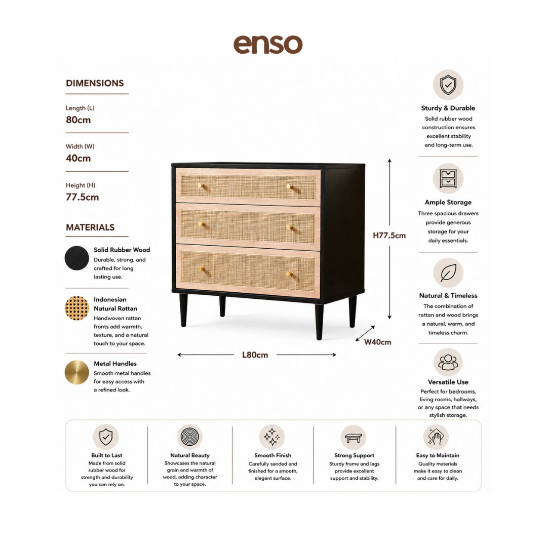 KURA Rattan Solid Wood Chest of Drawer